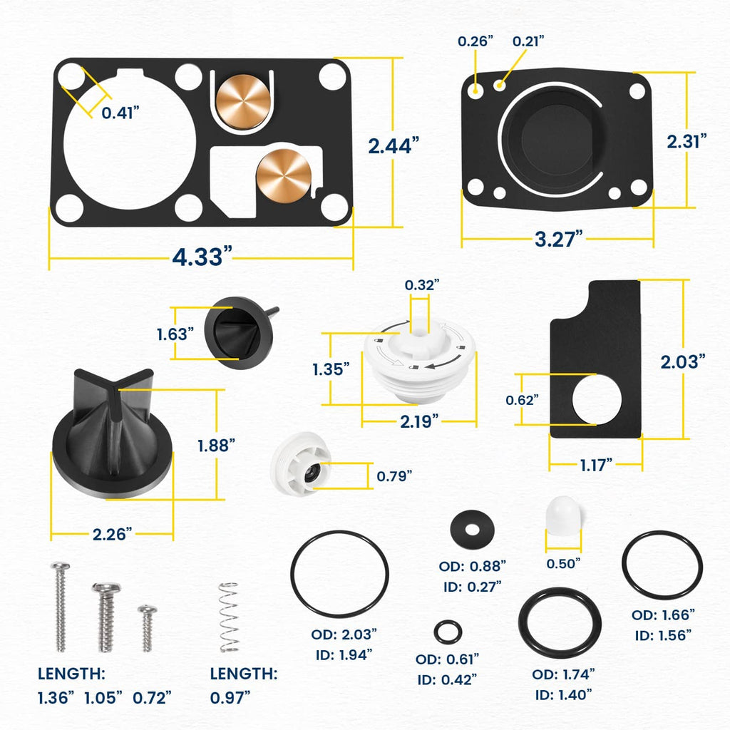 Marine toilet service kit with measured gasket and valve parts in black and white
