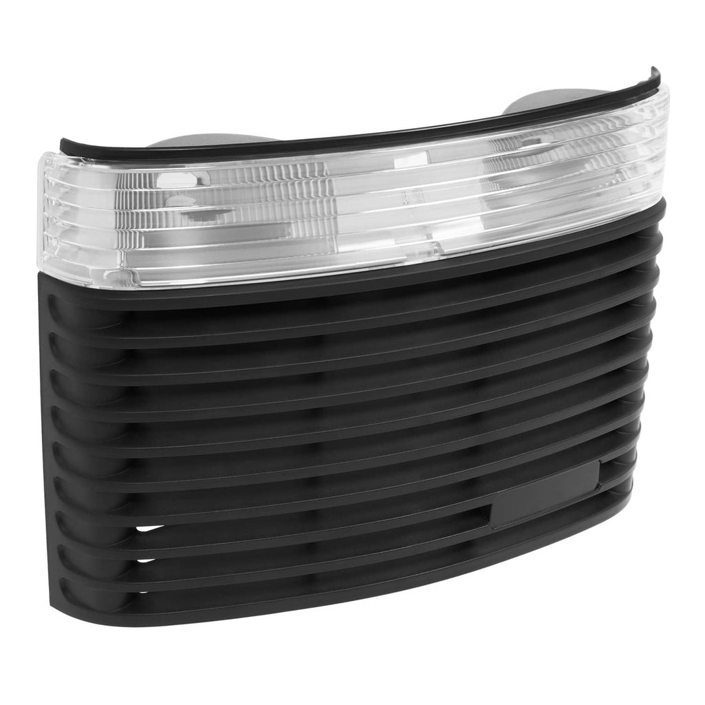 Front hood grille with clear headlight lens, black grille slats, side view