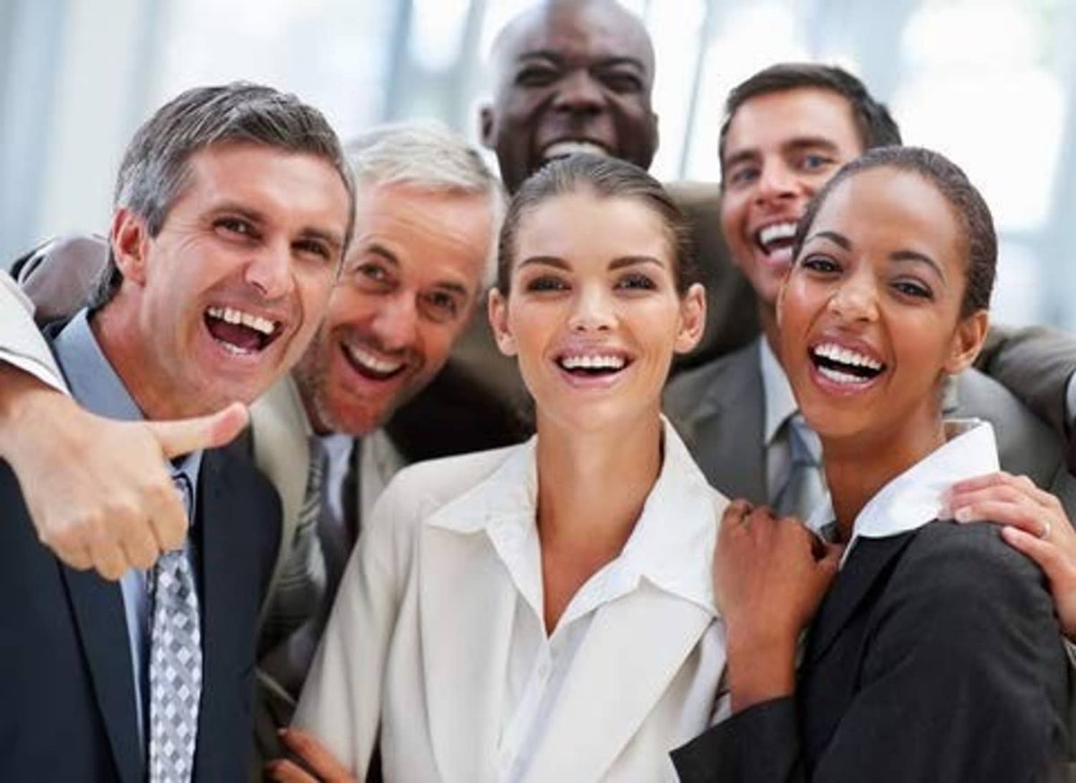 Car charger promotion photo with smiling coworkers in an office setting