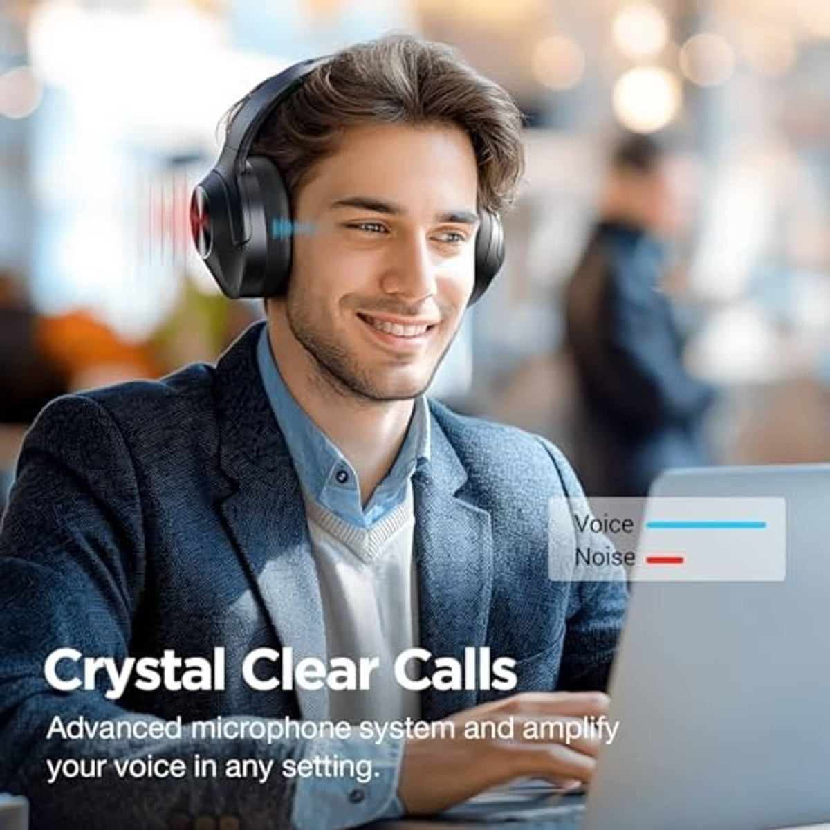 Black over-ear headphones worn by person, microphone-equipped earcup padding