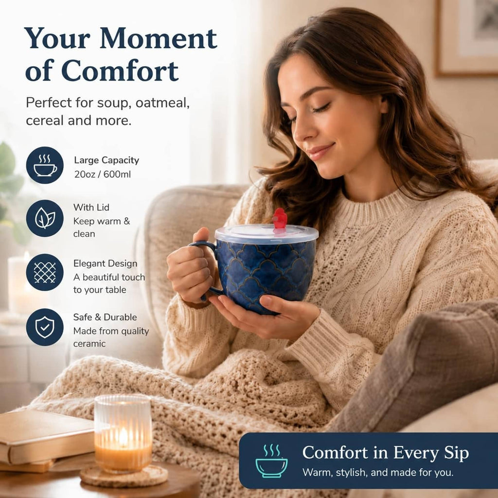 Blue ceramic soup mug with lid and handle, held by a person in a sweater.