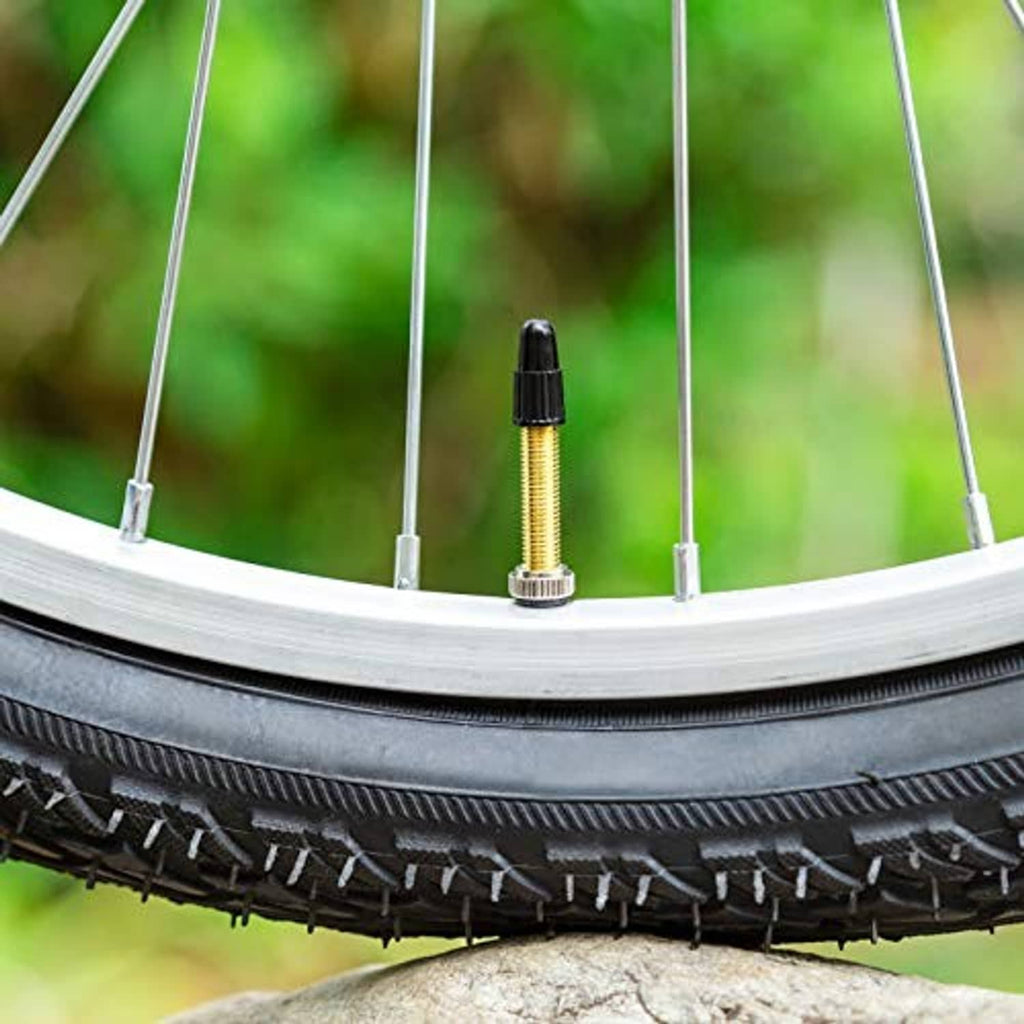 Gold tubeless valve stem installed in bike wheel rim, valve core visible