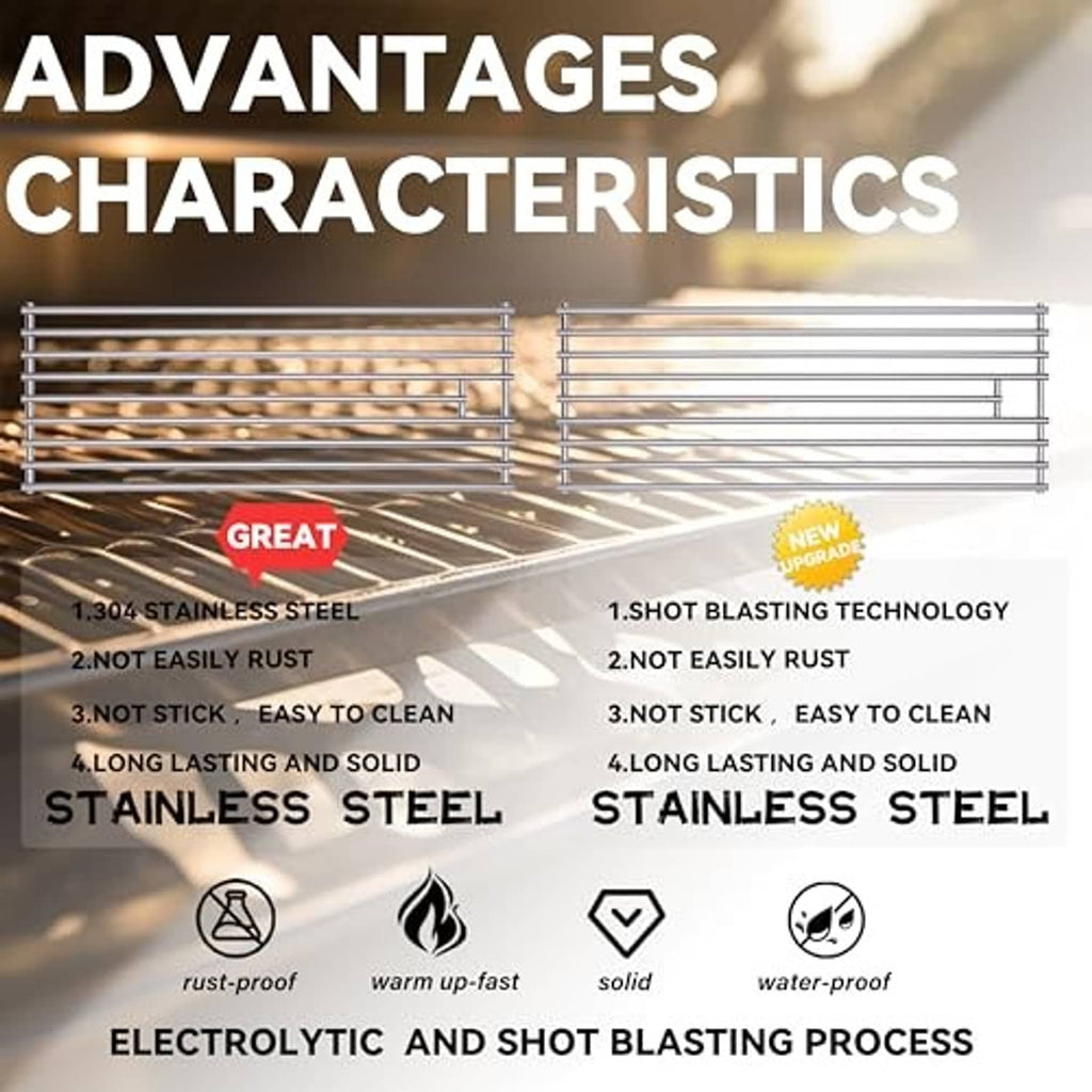 Stainless steel grill grate panels with parallel rod rows for even cooking