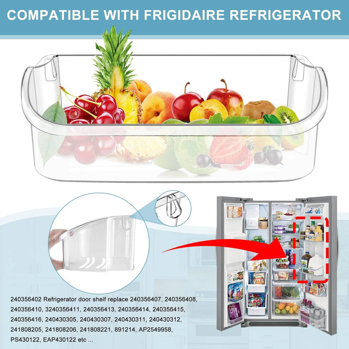 Clear refrigerator door shelf bin with side handles and snap buckle clips.