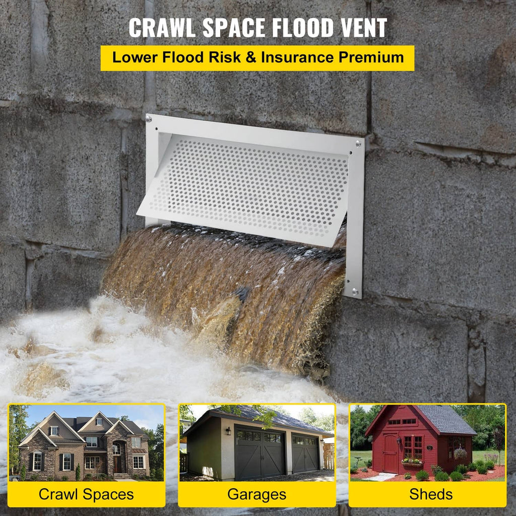 White crawl space flood vent installed in wall opening with perforated grille and frame