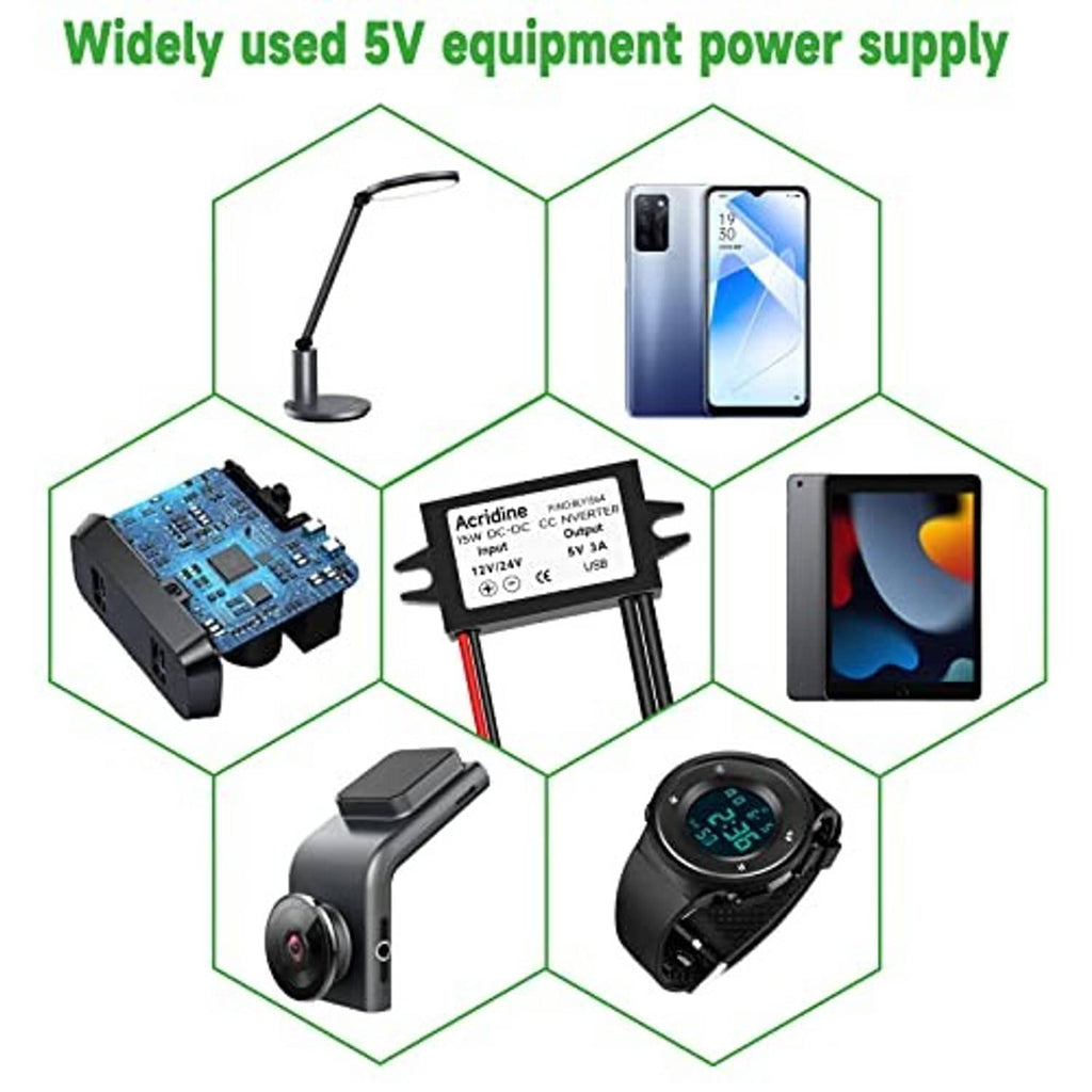 DC converter adapter module with 5V USB for powering common electronics (module centered)