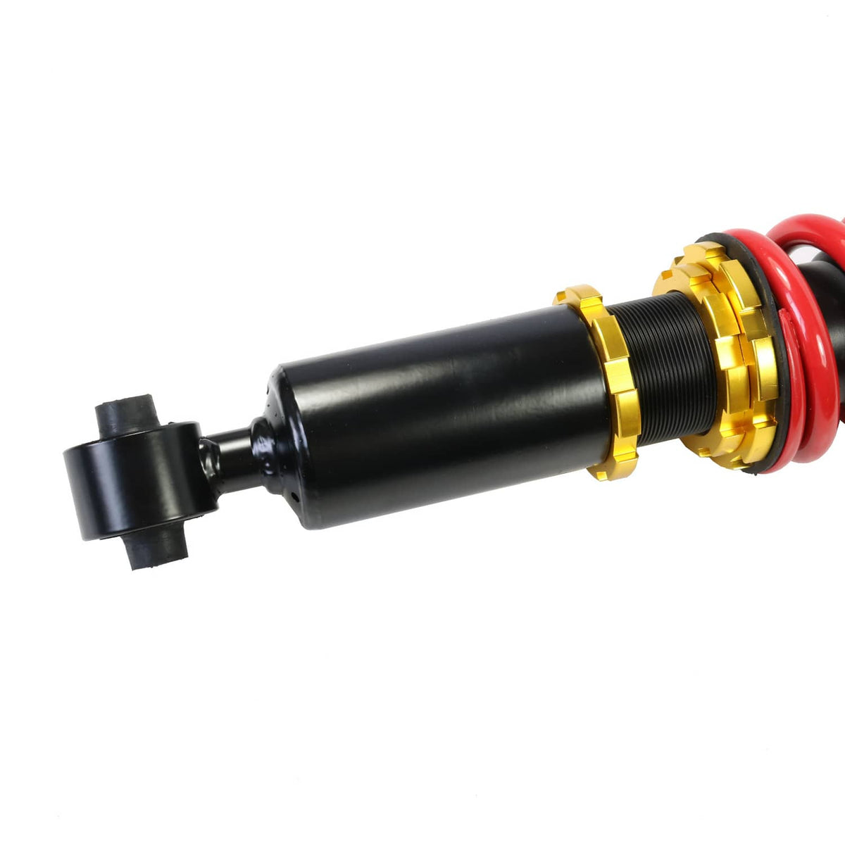 Close-up adjustable coilover damper with black body, gold collar, red spring