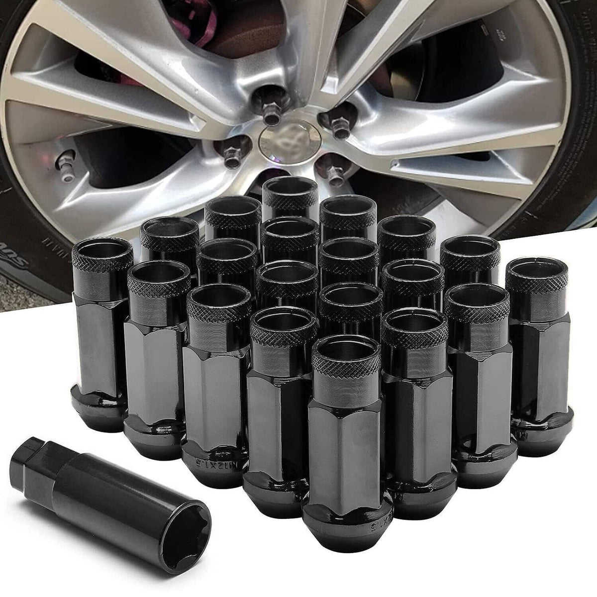 Set of black extended wheel lug nuts with sockets and threaded ends on a car wheel