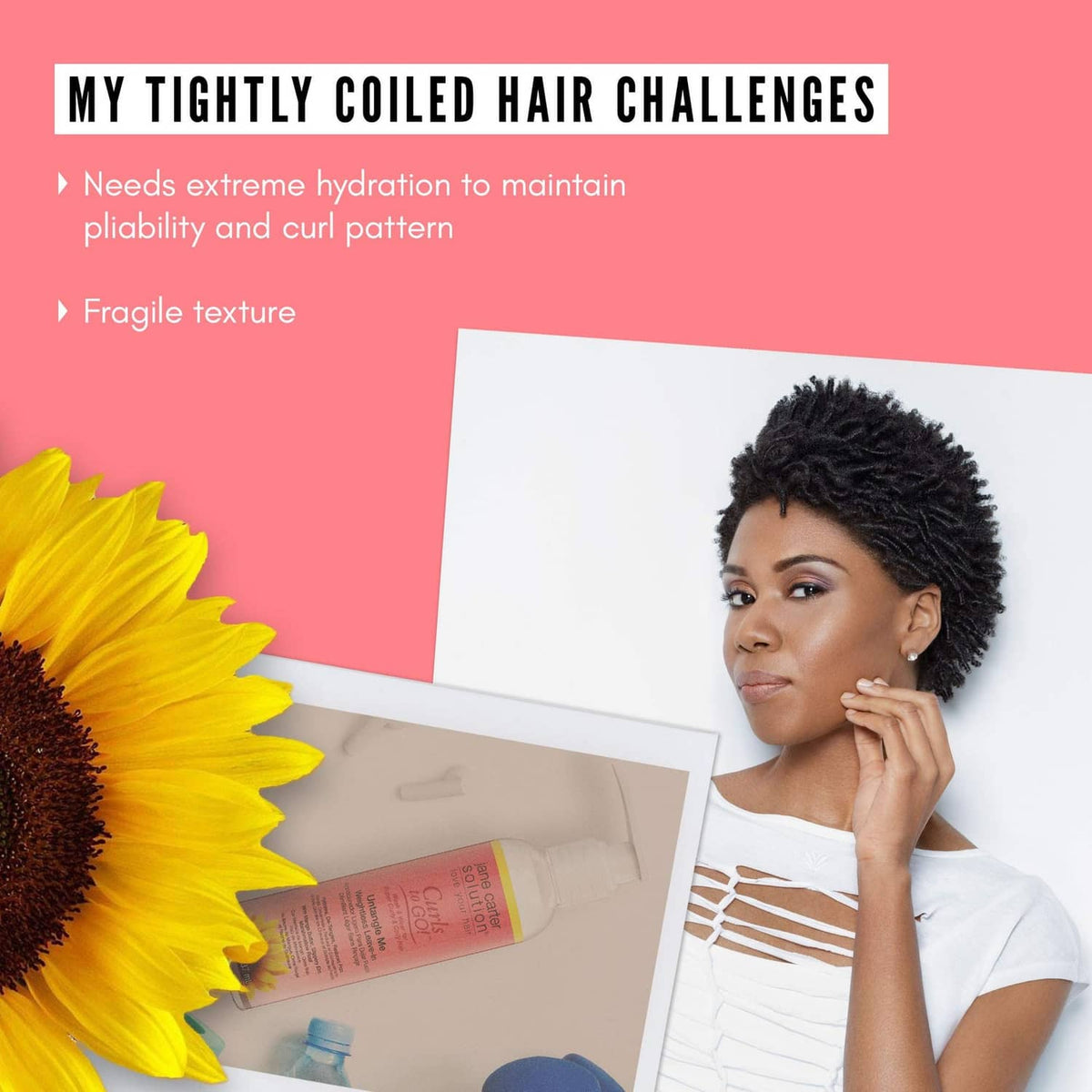 Woman with tightly coiled black hair, hand touching curls, cream jar nearby