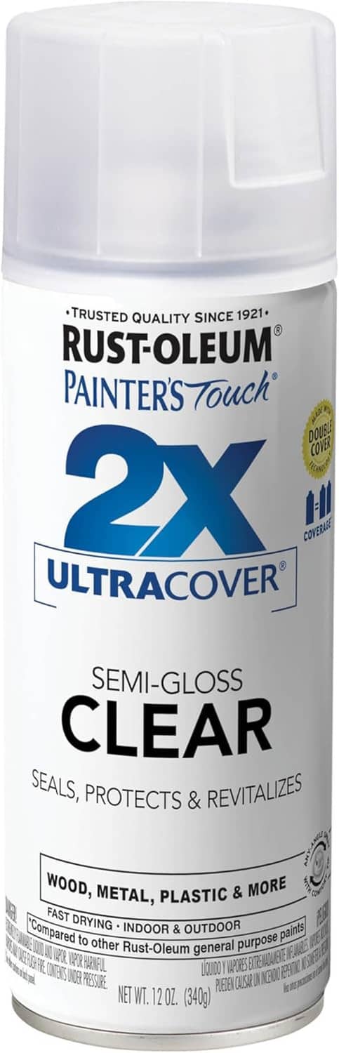 Semi-gloss clear spray paint can with 2X UltraCover labeling and white cap