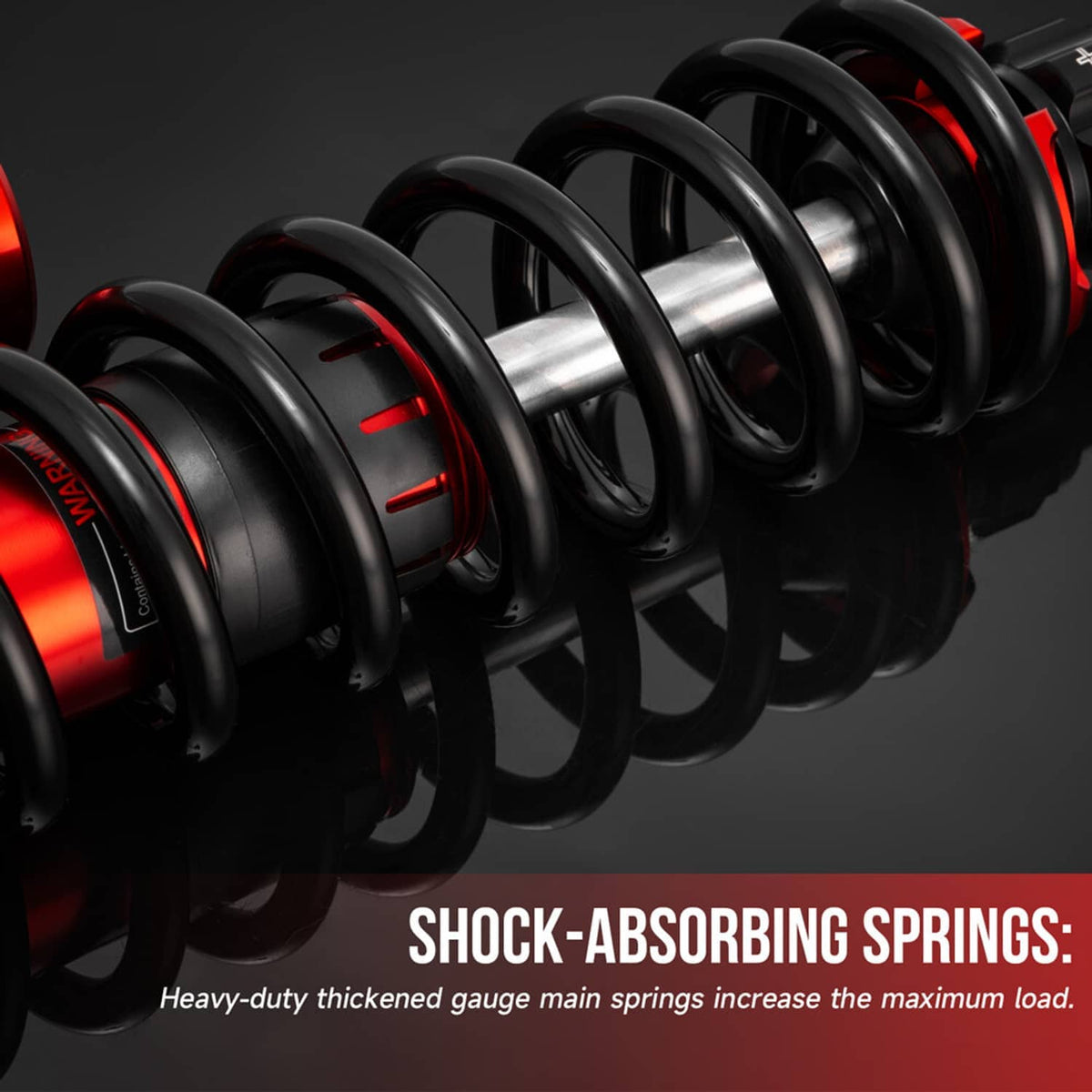Red reservoir shock detail with black coils, showing labeled nitrogen bottle section