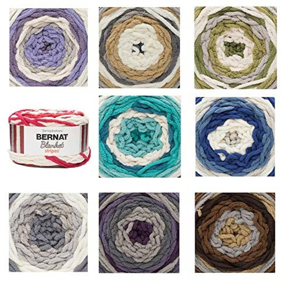 Assorted self-striping blanket yarn color options shown as yarn balls