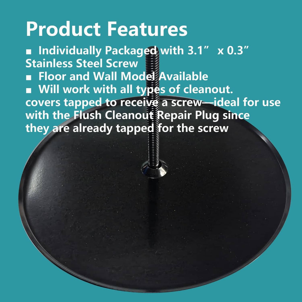 Black cleanout cover plate with threaded screw and centered fastener opening