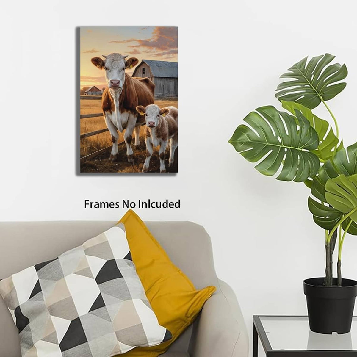 Framed rustic farm canvas wall art with brown cow, gray calf, and barn backdrop