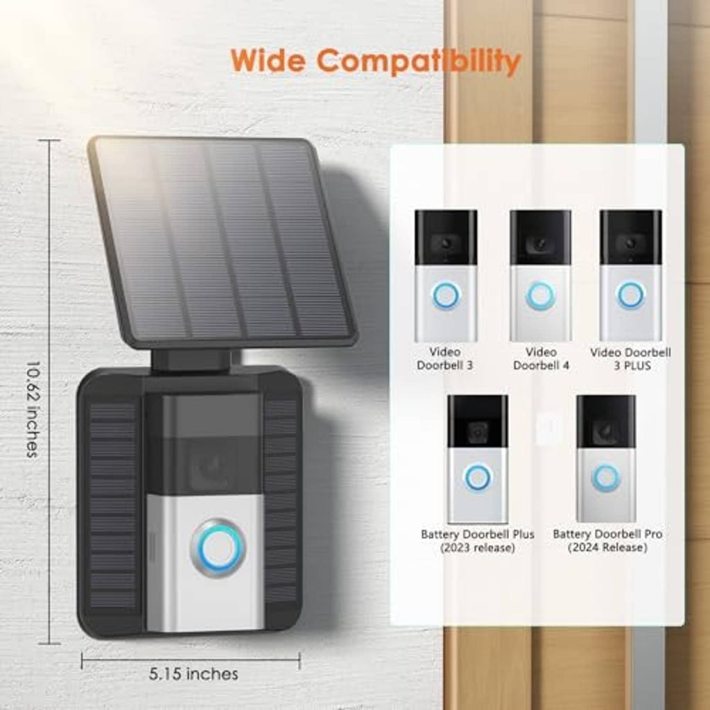 Solar doorbell charger with black solar panel and blue ring indicator, compact design