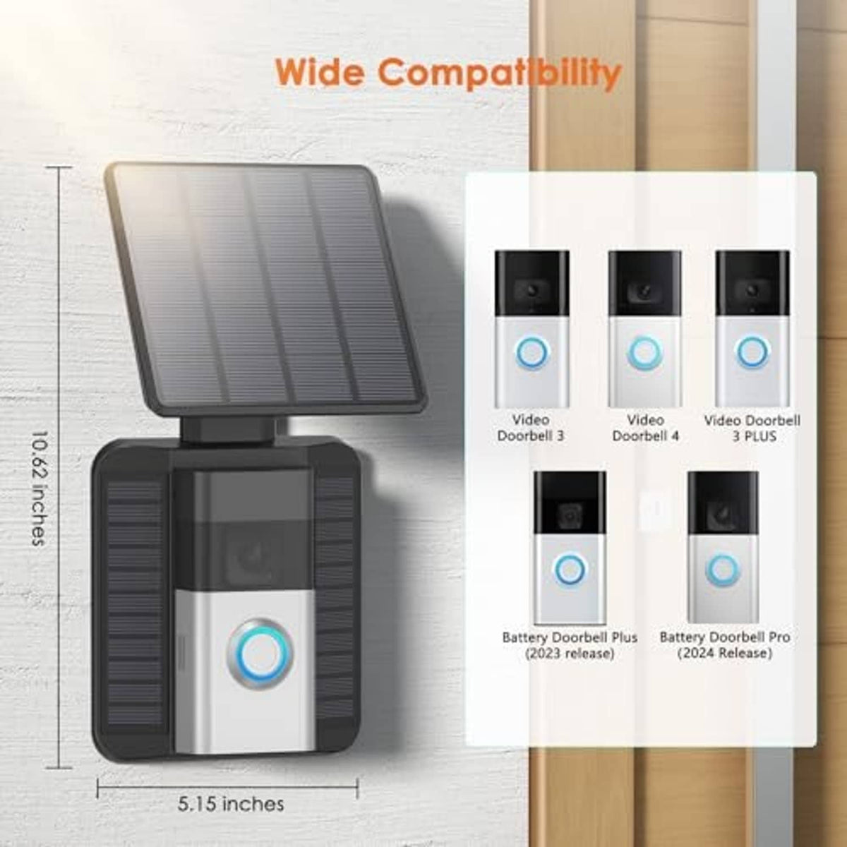 Solar doorbell charger with black solar panel and blue ring indicator, compact design