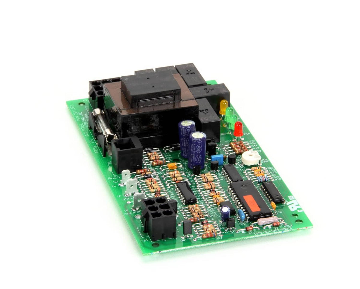 Green circuit board control module with relays, integrated chips, and blue capacitors