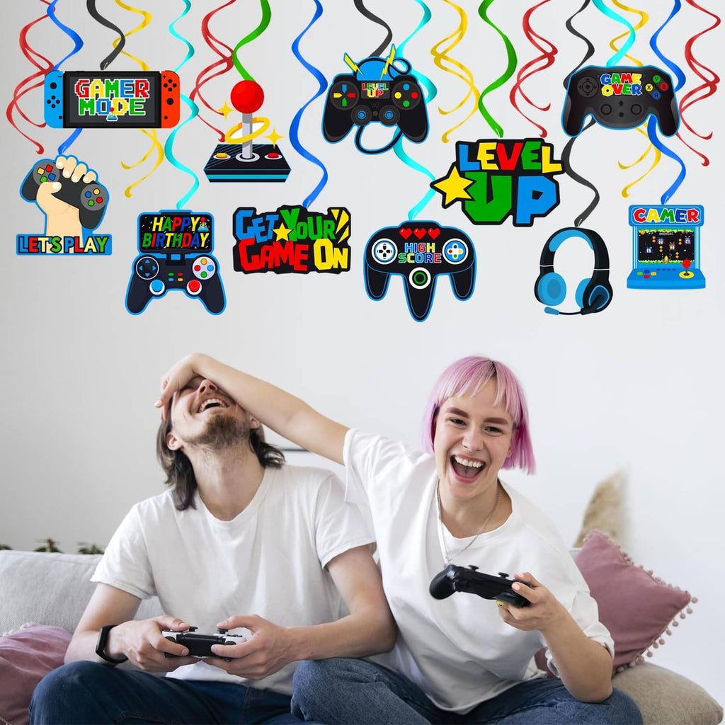 Blue video game themed hanging swirl decorations with controller signs and 'Happy Birthday'