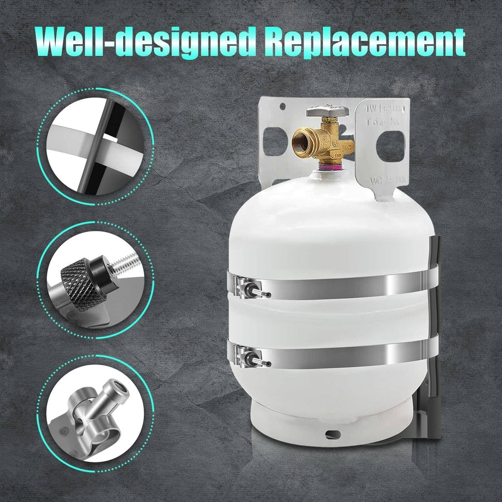 Propane tank holder replacement bracket with white regulator and silver clamp bands.