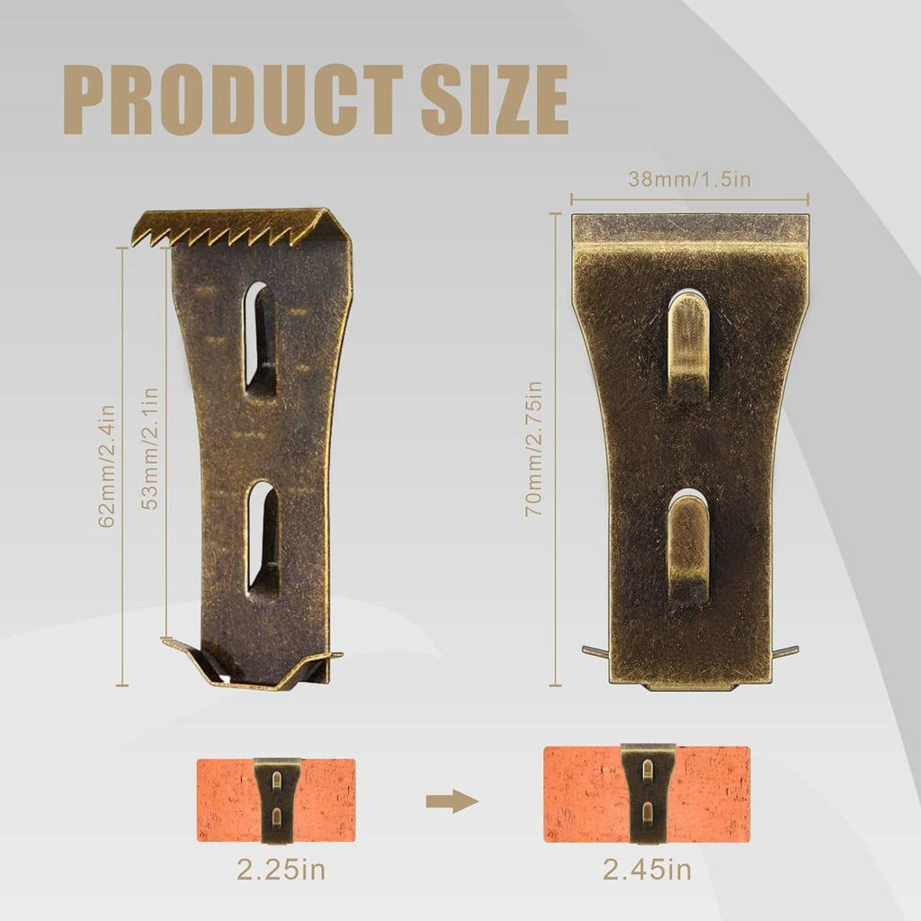 Bronze brick clips with two oval slots and serrated gripping teeth on the top edge