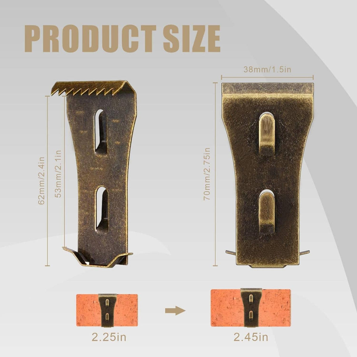 Bronze brick clips with two oval slots and serrated gripping teeth on the top edge