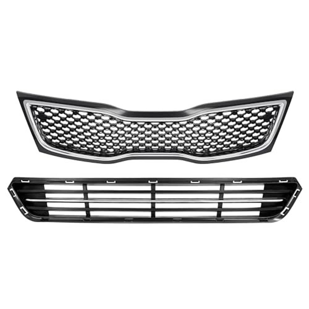 Upper honeycomb grille and lower grille with black horizontal bars, chrome edging