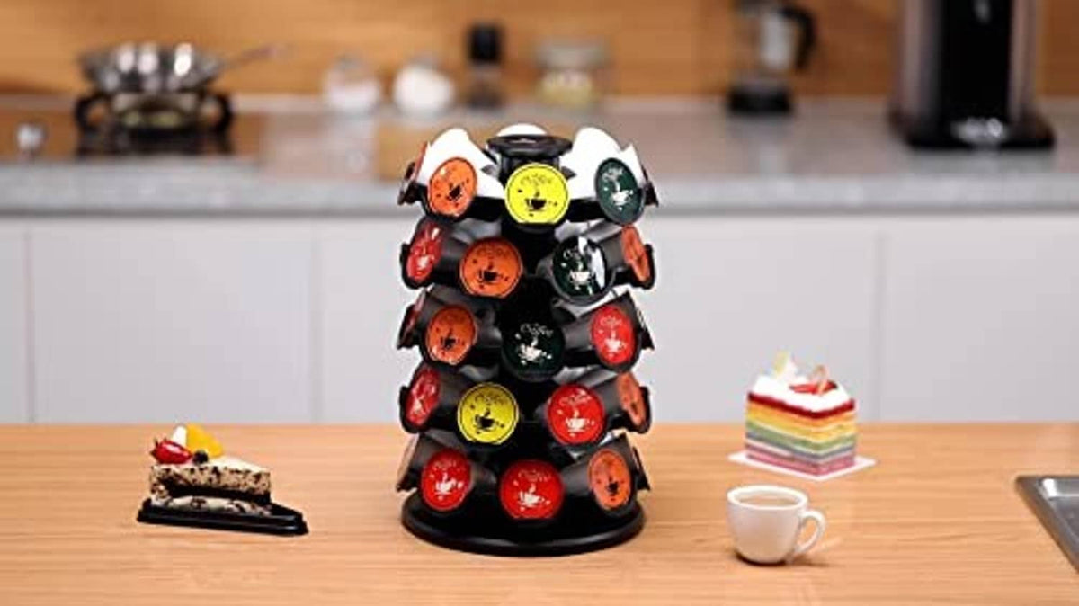 Coffee pod carousel organizer on counter with visible rotating pods and circular holder