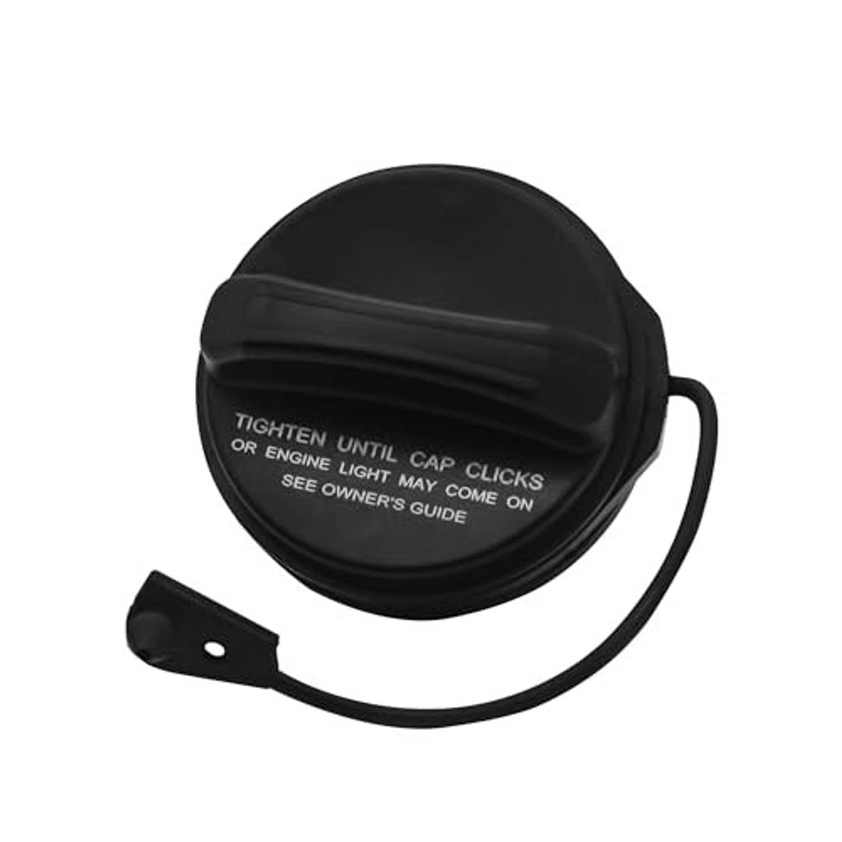 Black fuel filler cap with printed warning text and attached cord