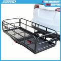 Hitch-mount cargo basket rack with black mesh deck and side rails for SUV trailers