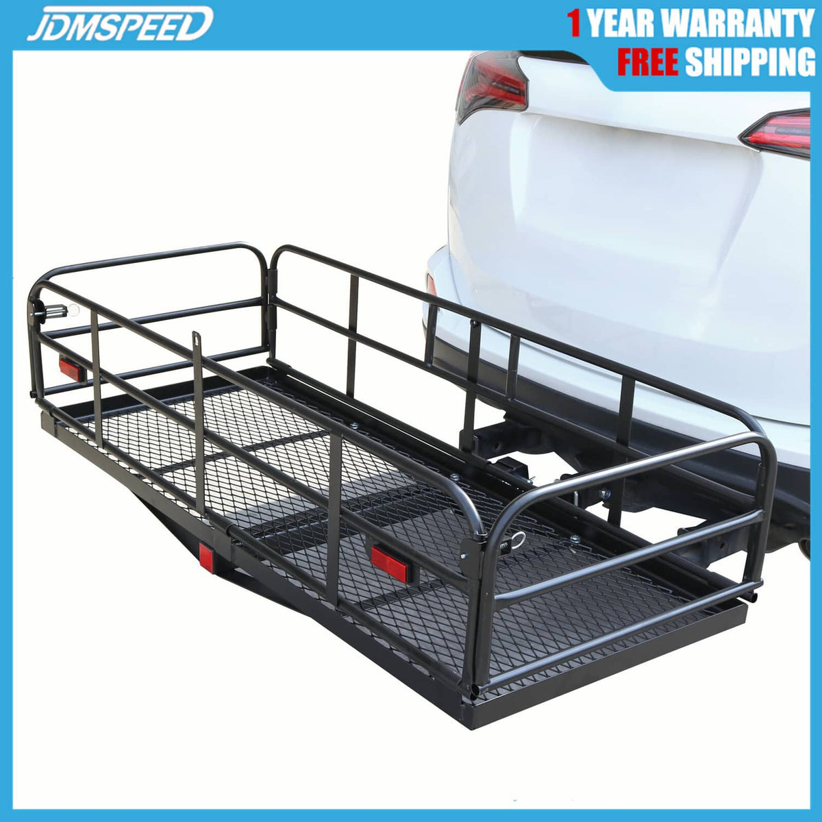Hitch-mount cargo basket rack with black mesh deck and side rails for SUV trailers