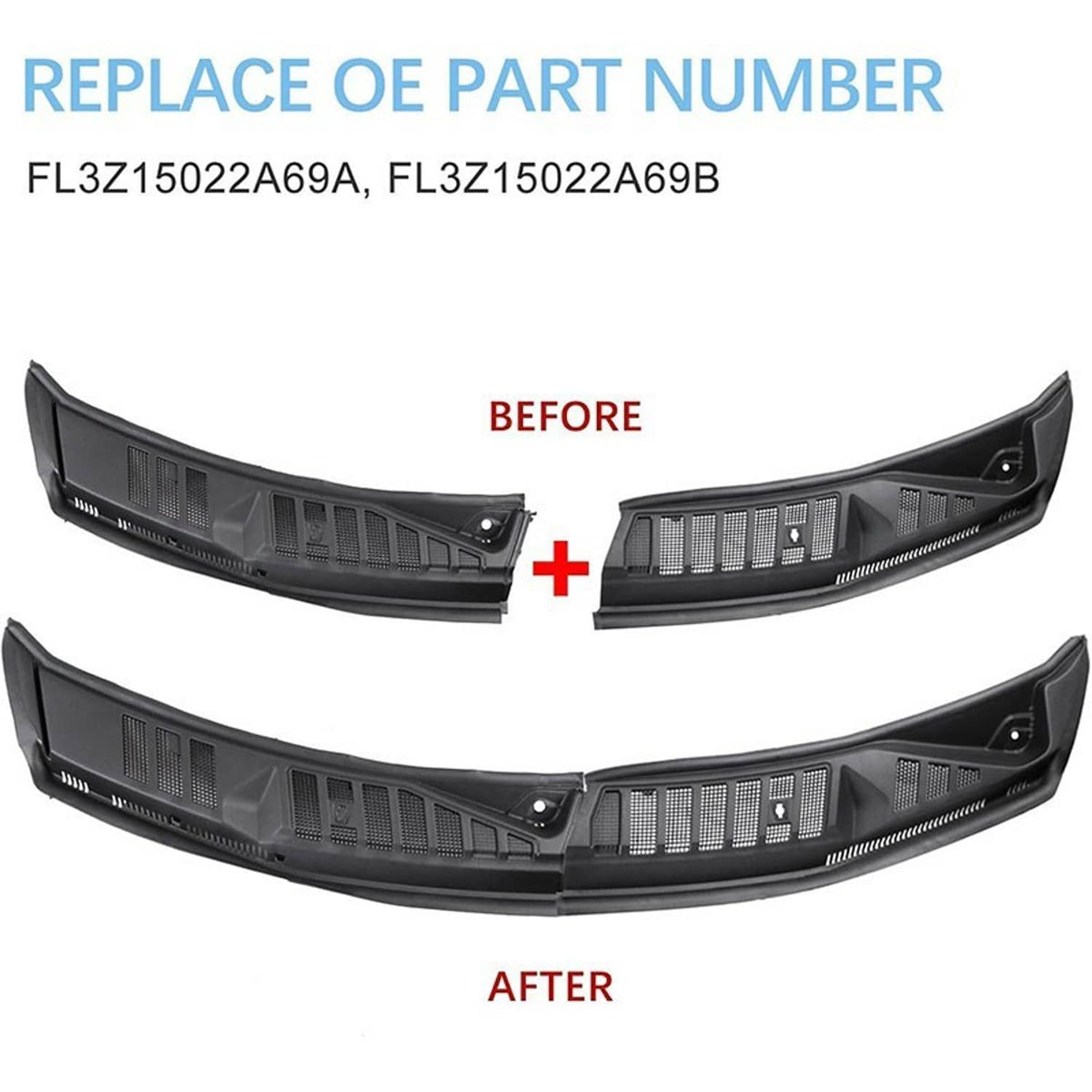Black windshield wiper cowl grille set shown as replacement for worn parts