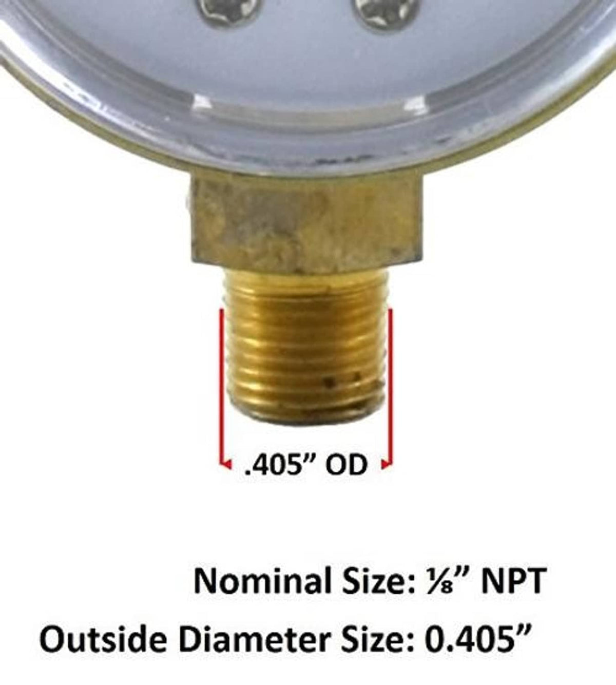 Close-up of brass threaded gauge connection with outside diameter size markings