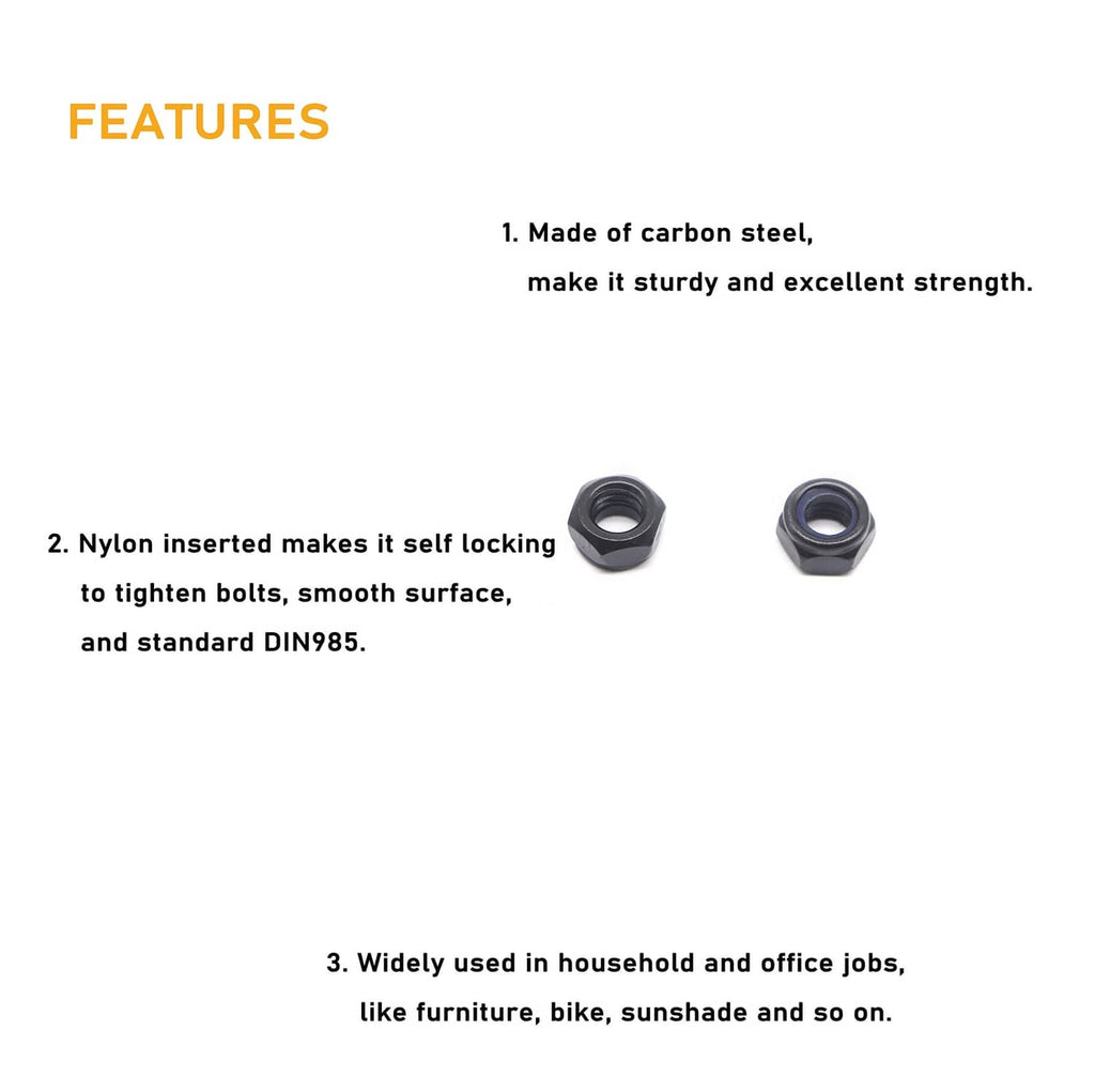 Black nylon insert lock nut features diagram with two nuts shown