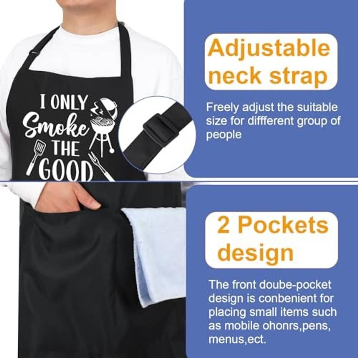 Black apron with adjustable neck strap and two front pockets; smoke grill graphic
