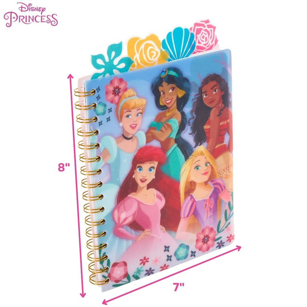 Disney Princess spiral bound notebook with blue cover and gold spiral rings, princess collage