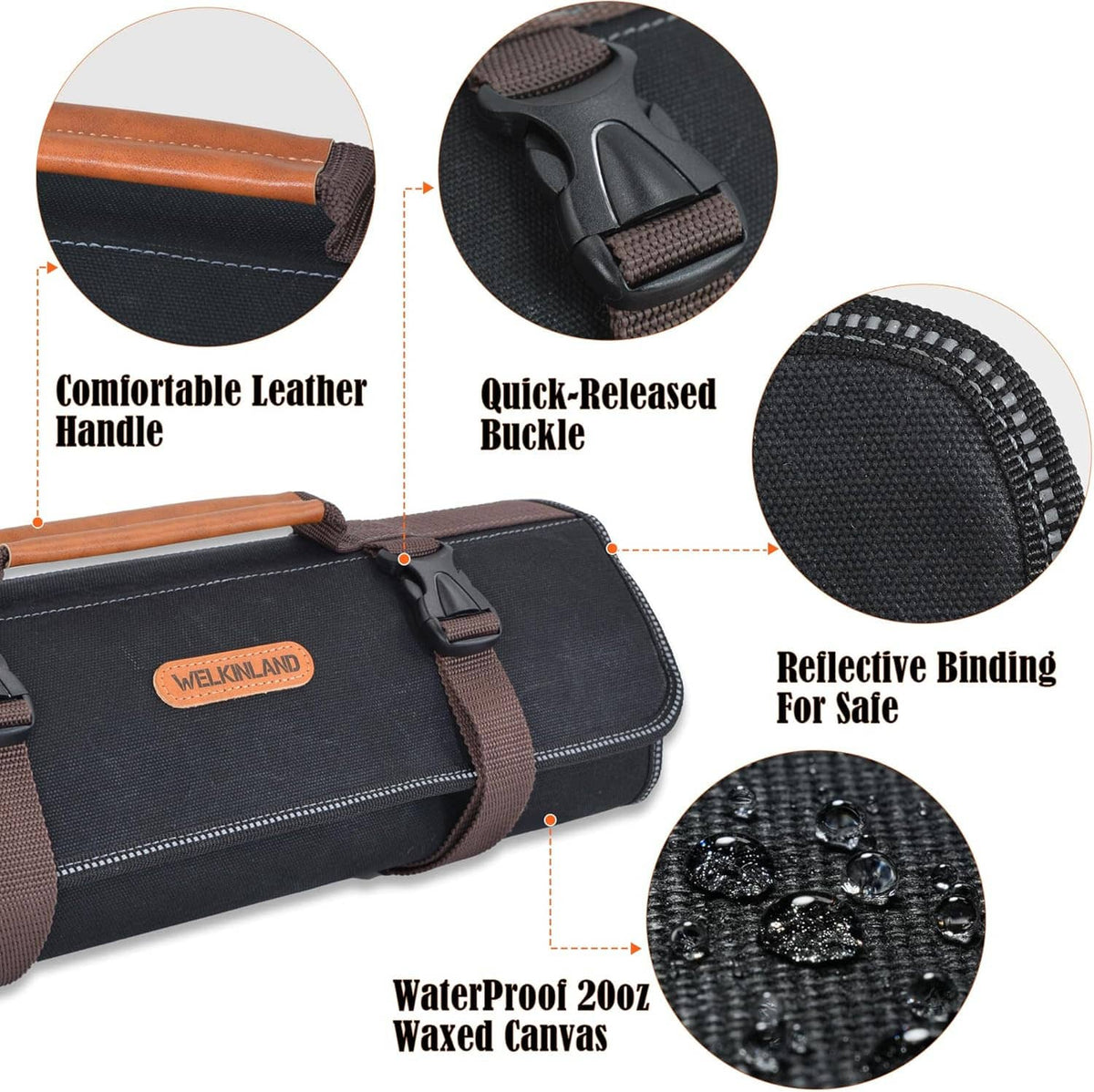 Black tool roll with brown leather handle, quick-release buckle, reflective binding