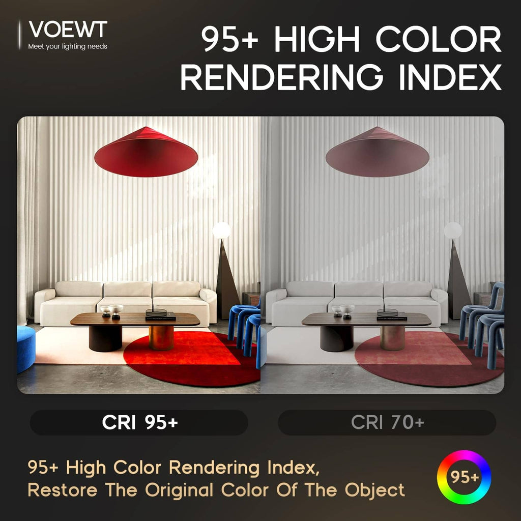 Warm white LED strip lights shown for CRI 95+ color rendering test vs CRI 70+.