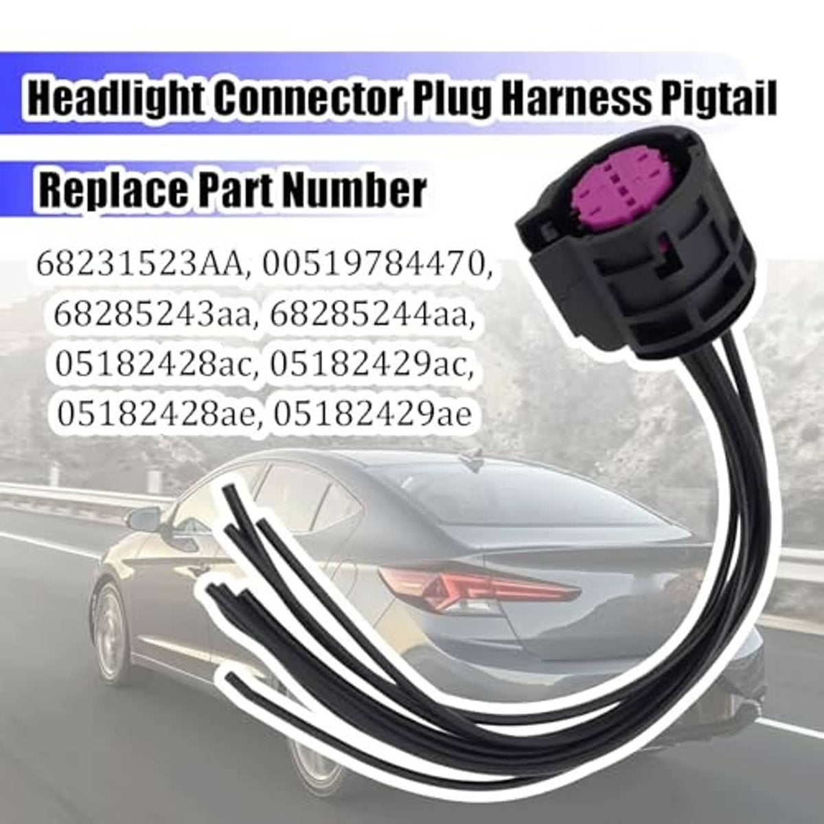Headlight connector plug pigtail harness with black wiring and purple socket end