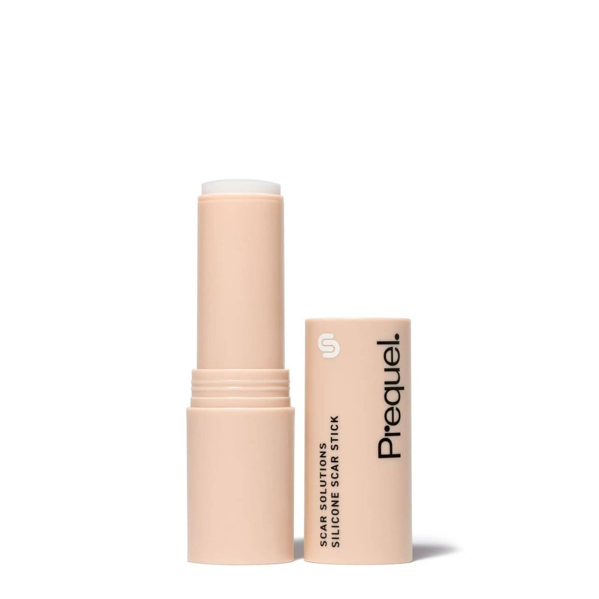 Prequel silicone scar stick with cap, showing thick beige balm from cylindrical container