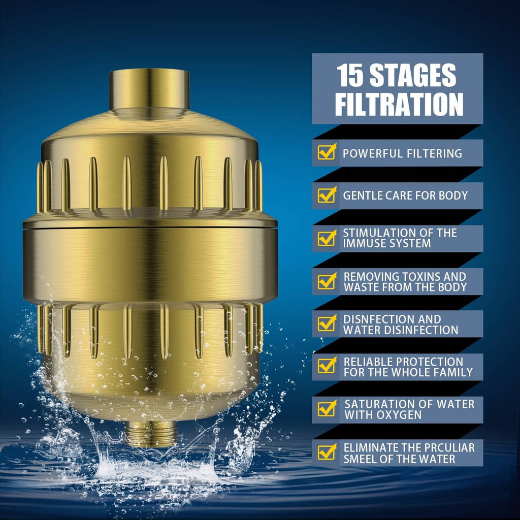 Golden shower filter canister with side vents and visible water flow