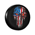 Black spare tire cover with American flag skull graphic, round design