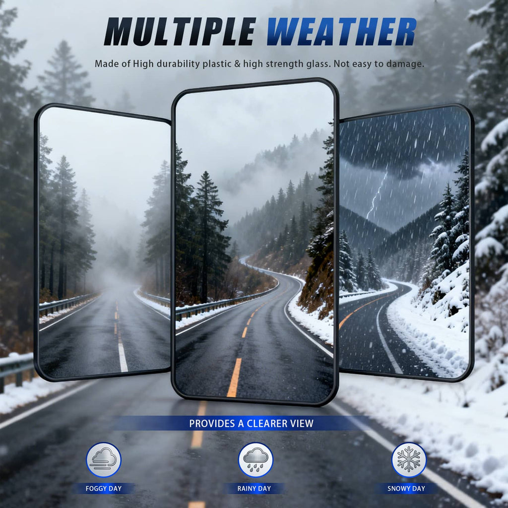 Three square mirror glass panels illustrating clear visibility in fog, rain, and snow