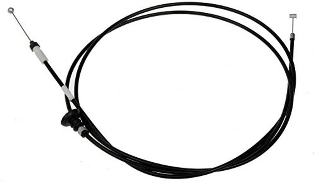 Hood release cable with black cable sheath and metal wire ends, angled side view.