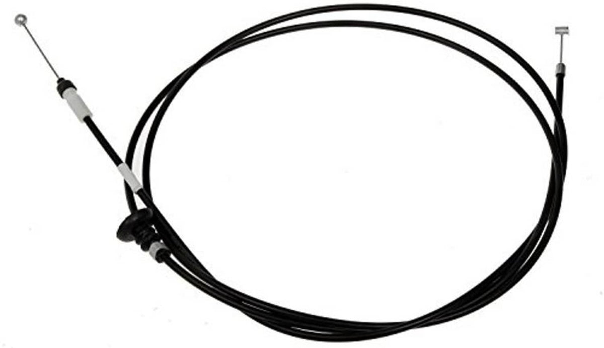 Hood release cable with black cable sheath and metal wire ends, angled side view.