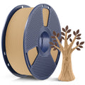 Wood PLA filament spool with light maple-colored filament on a blue reel