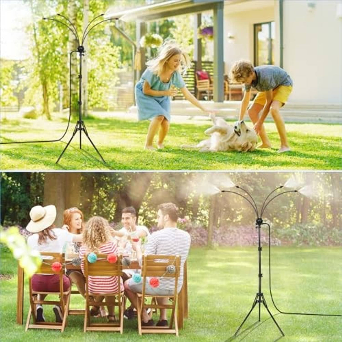 Garden misting stand with black tripod and sprayer arms for outdoor cooling