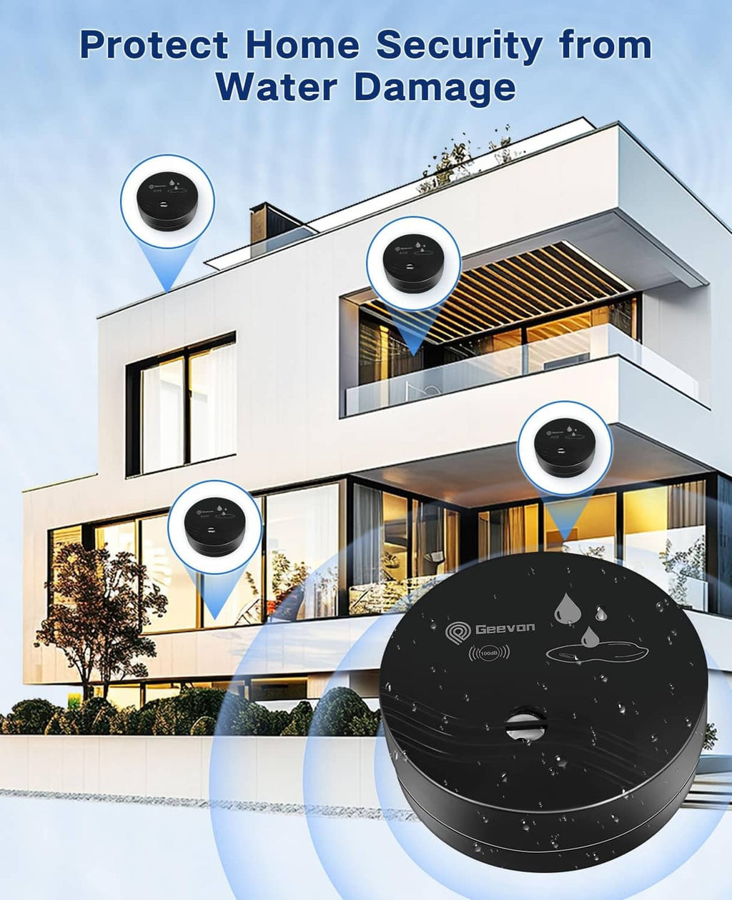 Black round water leak detector alarm, shown as multiple units around a home