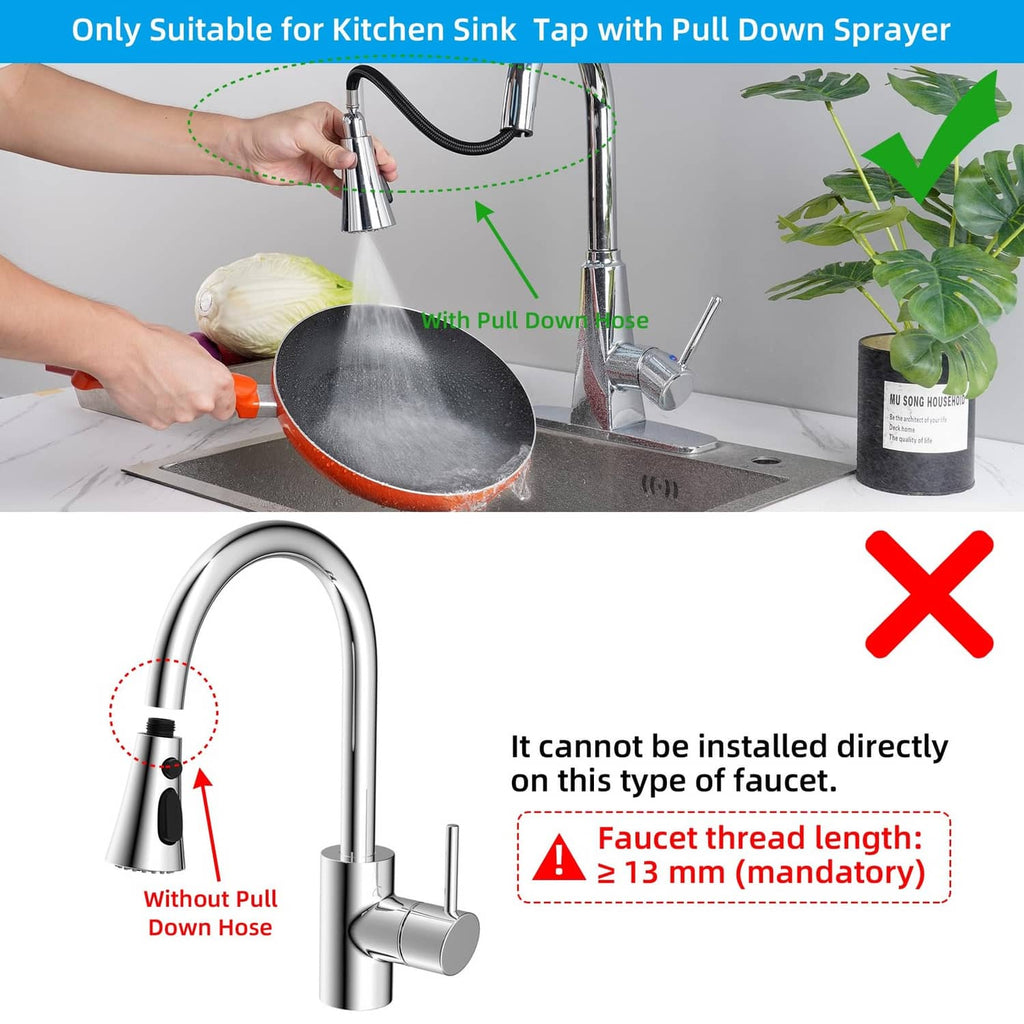 Chrome faucet sprayer head shown near pull-down hose connection and sink