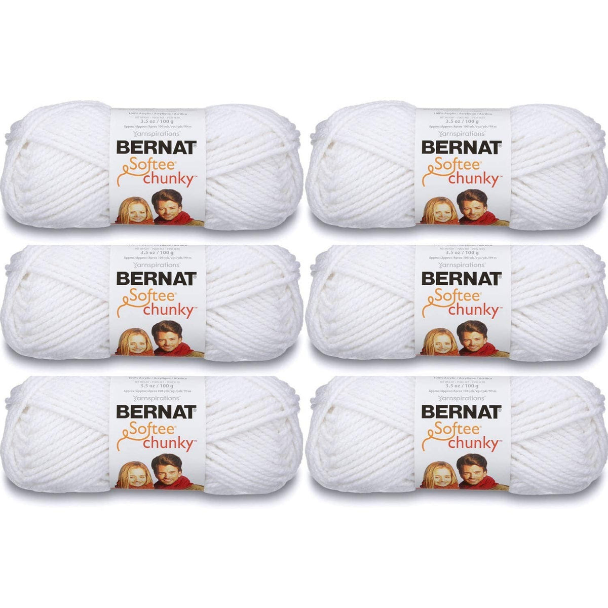 Bernat Softee Chunky super bulky white acrylic yarn, 6 skeins in labels