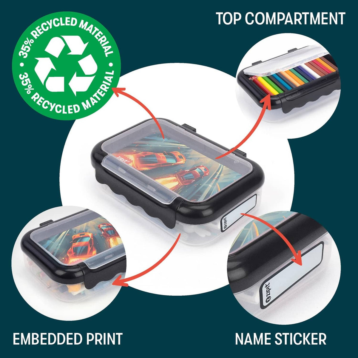 Black two-compartment case with top compartment window and name sticker area.